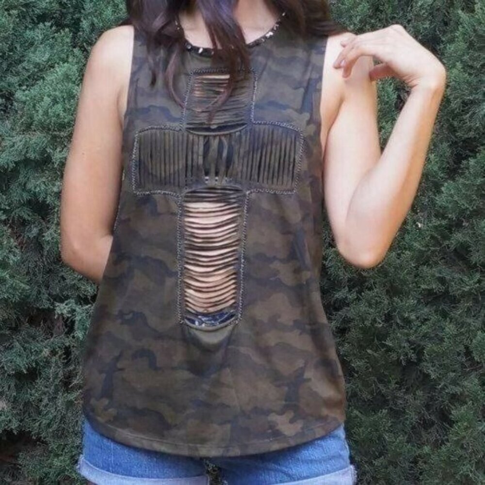 Olive Green Studded Sleeveless Camouflage Top w/ Cut out Cross Size S